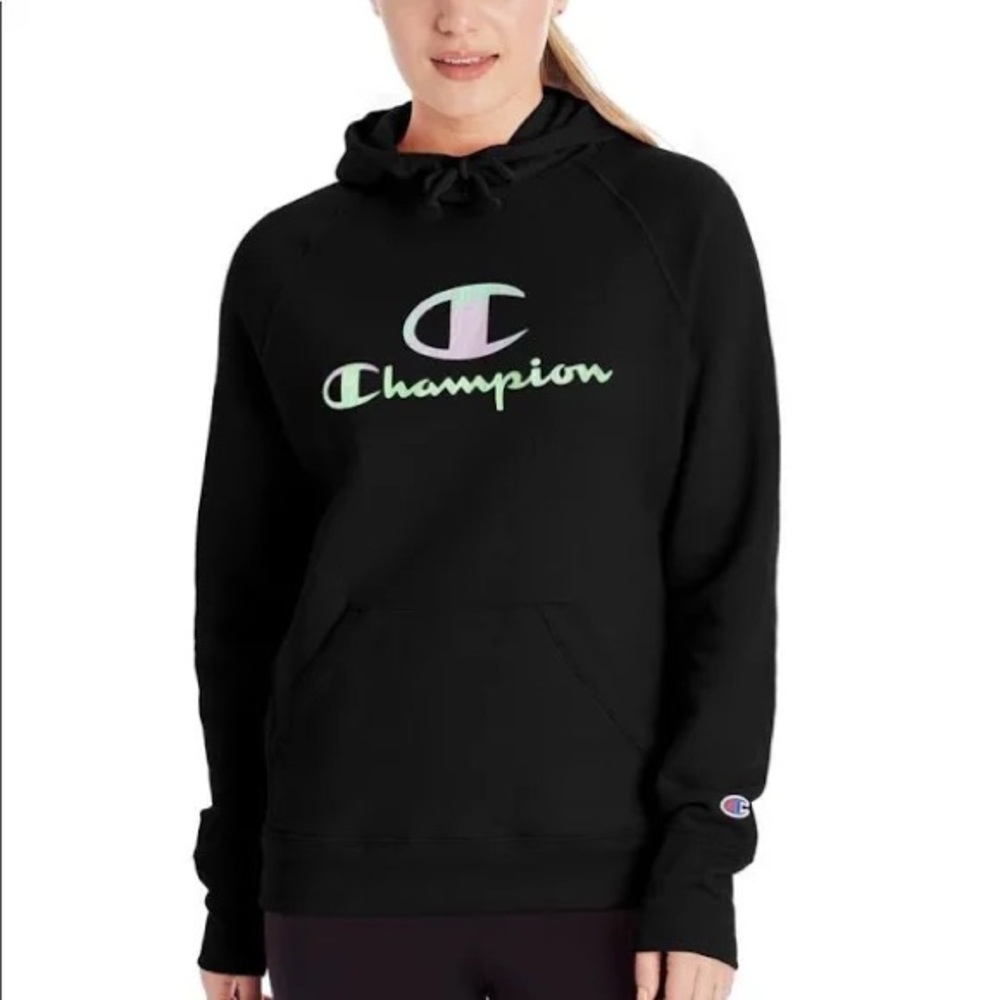 Champion Sweatshirt Hoodie- Black- Iridescent logo- Medium